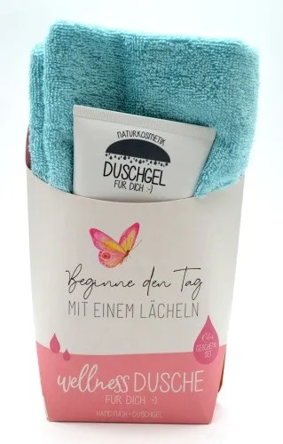 Wellness-Dusche für Dich Handtuch und Duschgel Lächeln
