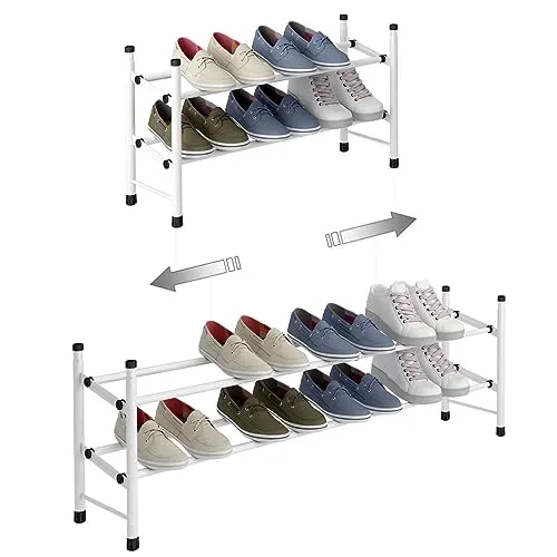 TZAMLI Ausziehbar Schuhregal mit 2 Ebenen zur Aufbewahrung von bis zu 12 Paar Schuhen, Verstellbarer stapelbarer Schuhregal-Stauraum für den Flur, 62~114 x 22 x 35 cm (Weiß, 2 Böden)