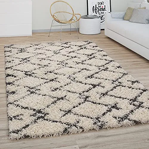 Paco Home Hochflor Teppich 140x200 cm - Boho Skandinavisch Shaggy in Creme Anthrazit - Teppich für Wohnzimmer und Schlafzimmer, aus robustem Polypropylen, pflegeleicht und schmutzabweisend, ideal für eine gemütliche Atmosphäre.
