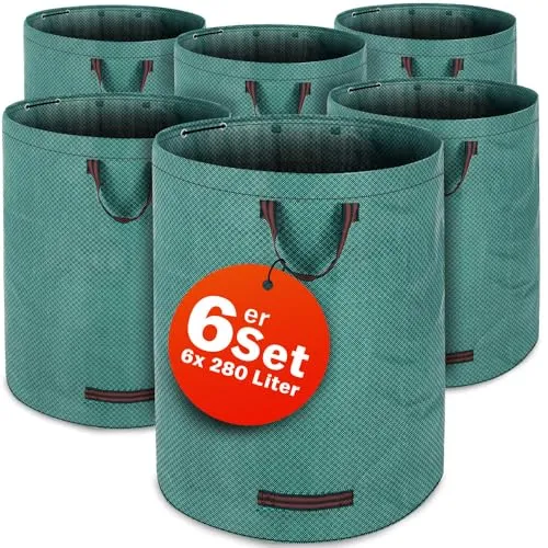 Gartenabfallsack 6er-Set Grün 280 Liter - Praktische Müllsäcke für den Garten! Mit 3 stabilen Griffen und einem Fassungsvermögen von 280 Litern. Ideal zum Sammeln von Laub und Gartenabfällen, wasserabweisend und platzsparend zusammenfaltbar.