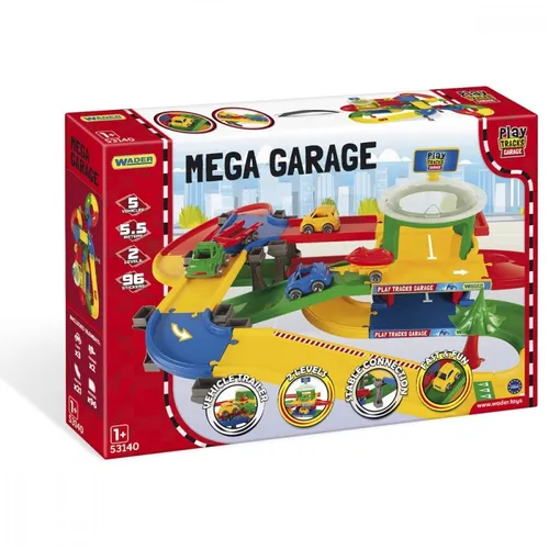 Wader 53140 Play Tracks Garage mit Fahrzeugen und Spielstraße - Autogarage auf 2 Ebenen für Kinder ab 12 Monaten. Inkl. 3 Fahrzeugen und 2 Anhängern, fördert Fantasie und motorische Fähigkeiten. Hergestellt in Europa aus hochwertigem, schadstofffreiem Kunststoff.