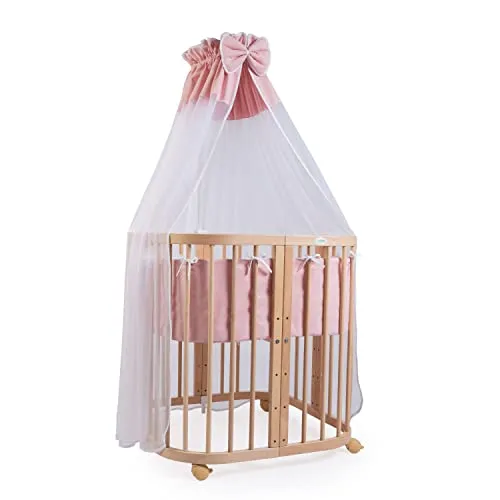 Waldin Babybett 7in1 aus Holz mit Matratze in Rosa - Vielseitiges Babybett aus hochwertigem Holz, mitwachsend und ausgestattet mit allem Notwendigen für die sichere Schlafumgebung Ihres Kindes.