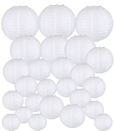Papierlaterne 30 Stücke Lampions Weiße Papier Laterne Hängende Runde Papierlaternen für Hochzeit Geburtstag Feiern Garten Deko (Verschiedene Größen von 10cm 15cm 20cm 25cm 30cm)
