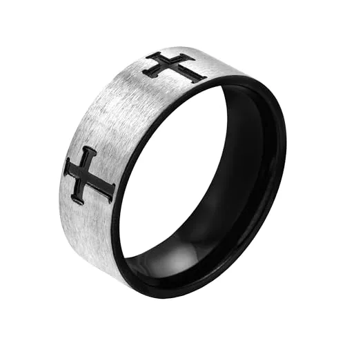 Meditoys Herren-Edelstahlring mit Kreuzornament - Eleganter Ring aus hochglanzpoliertem chirurgischem Edelstahl, 7 mm breit, in schwarz-silberfarben, ideal für stilbewusste Herren.