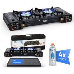 ZMC Gaskocher Doppel Campingkocher 2 Flammig - Campingkocher mit 2 Brennern und 2,3 kW Leistung, ideal für Outdoor-Abenteuer. Inklusive praktischer Grillplatte und 4 Gaskartuschen für optimale Flexibilität.
