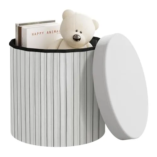 WOLTU Hocker rund, Sitzhocker mit Deckel, Sitzbox mit Stauraum, Polsterhocker faltbar, Aufbewahrungstruhe gepolstert, aus Velvet MDF, φ38xH36 cm, Hellgrau