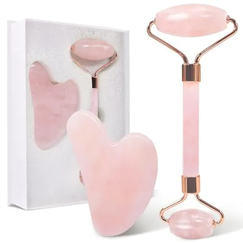 GUGUG Rosenquarz Roller und Gua Sha Stein - Massagesteine für Gesichtsmassage, fördern Durchblutung und Hautstraffung für einen strahlenden Teint. Ideal für Zuhause oder unterwegs.