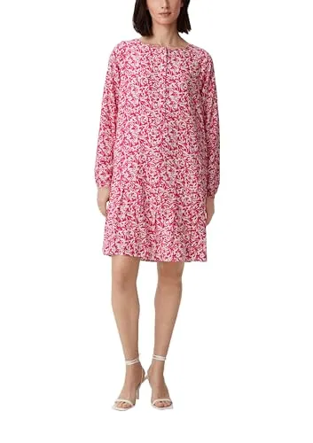 comma Damen Kleid 60.2.61.20.200.2135402, pink/weiß, Größe 34 - Freizeitkleider für Damen mit Allover-Print, langen Ärmeln und Taschen. Der ausgestellte Regular Fit sorgt für einen bequemen Sitz und die blickdichte Fütterung garantiert Tragekomfort.