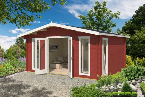Gartenhaus Blockhaus Satteldach Elgin 44 Silber rot 500x380 cm - Robustes Gartenhaus mit 16,6 m² Nutzfläche, 4 Einzelfenstern und abschließbarer Doppeltür. Ideal für Gartenlagerung oder als Rückzugsort.