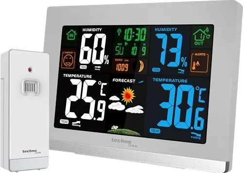 WS 6462 Funkwetterstation - Wetterstation mit Innen- und Außentemperatur, Luftfeuchte, Luftdruck und Farbdisplay. Zusätzlich bietet sie eine Mondphasen-Anzeige und die Möglichkeit, bis zu 3 Außensensoren zu empfangen.
