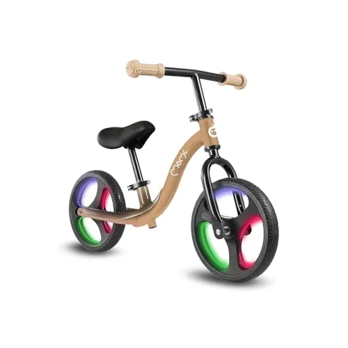 MoMi ISOKA Laufrad Kinderfahrrad – Beige mit LED-Rädern - Kinderfahrzeug für 2 Jahre und bis 35 kg, fördert die motorischen Fähigkeiten und sorgt für sichere Fahrten mit leuchtenden TPR-Rädern.