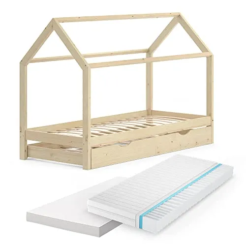 VitaliSpa Kinderbett Hausbett Wiki Natur 90x200cm - Hochwertiges Kinderbett aus massivem Holz, ideal für kreative Zimmergestaltung, mit praktischer Schublade für zusätzlichen Stauraum.