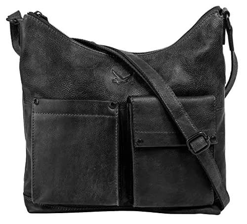 Umhängetasche SANSIBAR - Damen Leder Schwarz - Umhängetasche aus 100% Rindleder, leicht glänzend und handgepäcktauglich. Mit viel Stauraum und cleveren Fächern für Smartphone und Stifte, ideal für den Alltag.