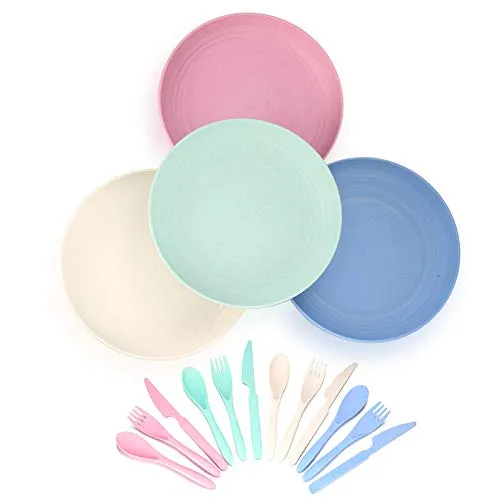 Ewwtrey 4 Packungen Geschirr Teller Set, unzerbrechliche Teller, Frühstücksteller Set mit Gabel, Messer, Löffel für Kleinkinder, Erwachsene, BPA-frei, umweltfreundlich, Geschirrspüler