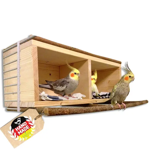 Großes Vogelhaus für Nymphensittich und Agaporniden - Häuschen & Nester, handgefertigtes Naturholz-Vogelkasten für gesunde und glückliche Vögel, ideal für Wellensittiche und Nymphensittiche, Maße ca. 55 x 20 x 20 cm.