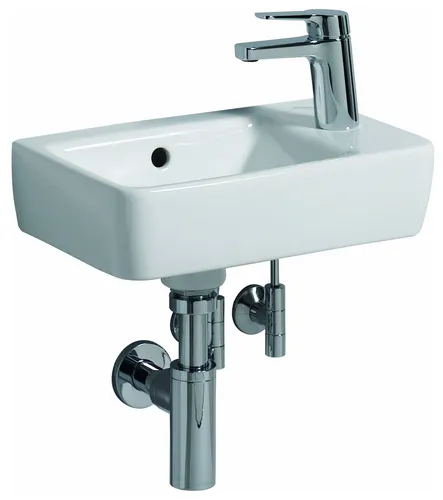 Geberit Renova Compact Handwaschbecken 40 cm, asymmetrisch - Badkeramik in Weiß mit verkürzter Ausladung und sichtbarem Überlauf, ideal für kleine Bäder und Unterbau-Montage.