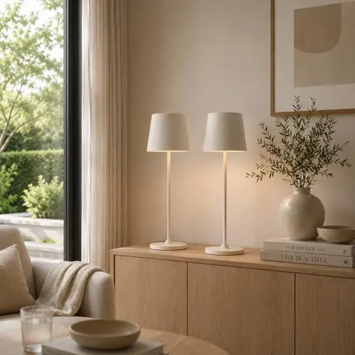 Lightbox Tischleuchte 2er-Set - Warmweiß mit Touchdimmer - Beige LED Tischlampe für den Außenbereich, 37 cm hoch, spritzwassergeschützt und dimmbar. Ideal für stimmungsvolles Licht mit 310 Lumen.