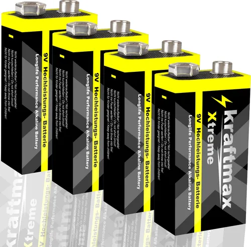 4er Pack kraftmax Xtreme 9V Block Hochleistungs- Batterien ideal für 10 Jahres Rauchmelder - 6LR61 9 Volt Longlife Blockbatterie mit maximaler Lebensdauer