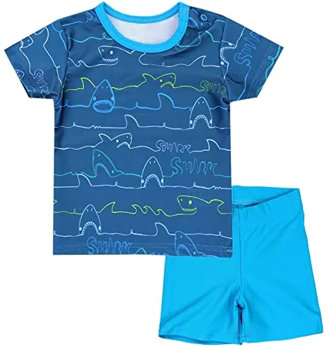 Aquarti Baby Jungen Bade-Set Zweiteiliger Kinder Badeanzug T-Shirt Badehose UV-Schutz, Farbe: Haie/Jeans/Blau, Größe: 122