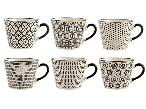 H+H Vhera 6er-Set Frühstückstassen – 340 ml – schwarz & elfenbein – Steingut – verschiedene Dekore – modernes Design