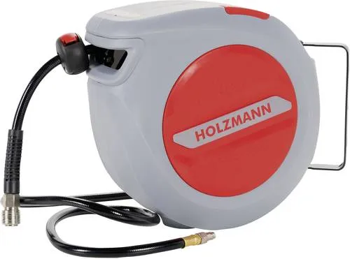 Holzmann Druckluftschlauch Aufroller 15lfm LSR15AIR - Druckluftzubehör mit schwenkbarer Wandhalterung, ideal für eine ordentliche Aufbewahrung und einfachen Transport dank Handgriff. Enthält 15m PVC-Schlauch und automatischen Aufrollmechanismus.
