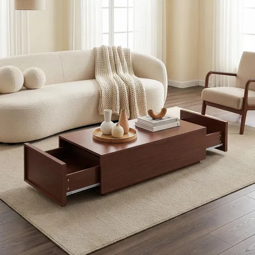 [en.casa] Couchtisch Turur – Eleganter Wohnzimmertisch in Walnussoptik mit 2 Schubladen - Stilvoller Couchtisch in warmer Walnussoptik, ideal für Ihr Wohnzimmer. Mit zwei geräumigen Schubladen für cleveren Stauraum. Pflegeleichte Oberfläche und stabiler Sockel – perfekt für entspannte Stunden.