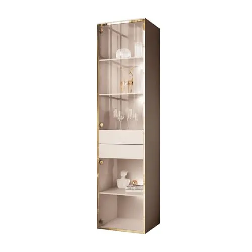 Lookway Glasvitrine AURORA KASZMIR mit LED-Beleuchtung - Vitrine in Kaschmirfarbe mit 5 Einlegeböden und 2 Glastüren, ausgestattet mit energieeffizienter LED-Beleuchtung für stilvolle Präsentation Ihrer Schätze.