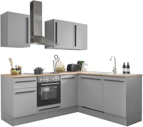 Küchenblock mit E-Geräten MANCHESTER (Ecke) I - grau - Küchenzeilen mit integriertem E-Geräten, platzsparendes Design für moderne Küchen und optimalen Nutzung der Ecke.