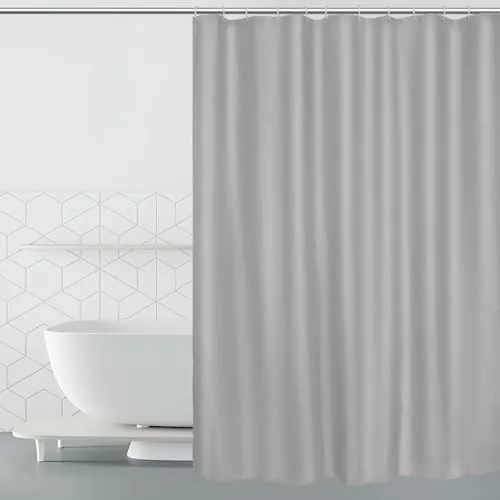 BOZKAA Duschvorhang, Wasserdichter 180x200cm Waschbar Schnelltrocknender Stoff Polyester Badewanne Vorhang mit 12 Duschvorhängeringen, Weiß (Hellgrau)