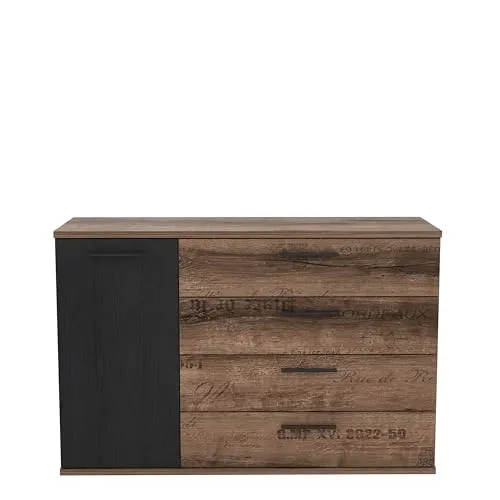 Forte JACKY Sideboard mit 4 Schubladen und 1 Tür - Kommode aus Holzwerkstoff in Script-Schlameiche/Schwarz Eiche, bietet praktischen Stauraum und harmoniert mit verschiedenen Einrichtungsstilen – ideal für Wohn-, Schlaf- oder Esszimmer.