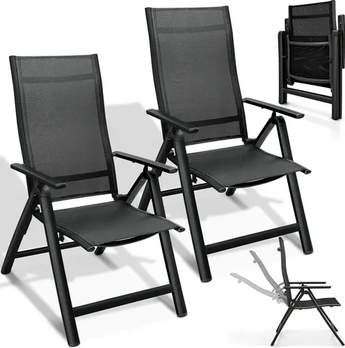 tillvex Gartenstuhl Premium 2 Stück Schwarz klappbar aus Aluminium | Hochlehner mit Armlehnen | Klappstuhl verstellbar | Klappsessel Balkon Garten Terrasse