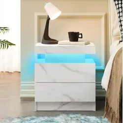 Nachttisch Modern Aus Holzwerkstoff In Mattweiß Mit Led-farblicht, 2 Schubladen Und Offenem Fach