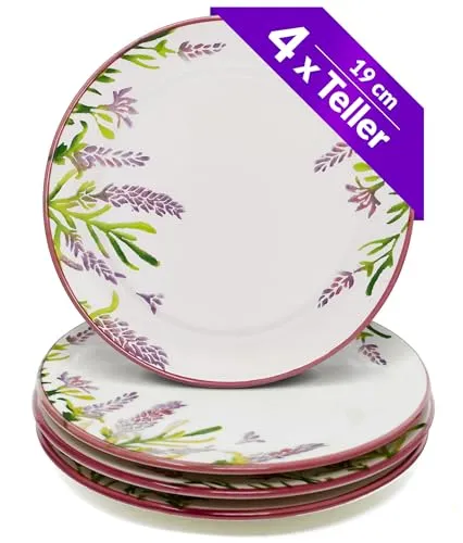 Lashuma 4x Frühstücksteller Lavendel lila, Servierteller flach, runde Keramikteller 19 cm Ø
