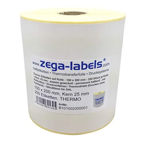 Thermo Etiketten auf Rolle - 100 x 200 mm - 250 Stück je Rolle - Kern: 25 mm - für Versandetiketten DHL - permanent haftend - mit Perforation - Druckverfahren: Thermodirekt (Drucken ohne Farbband)