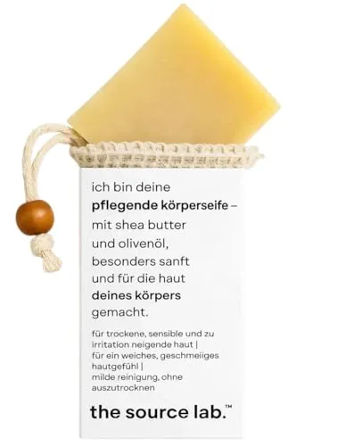 the source lab. Sanfte 2-in-1-Ganzkörperseife für empfindliche Haut, Reinigung und Pflege in einem Schritt, inkl. Peelingbeutel, 100 g