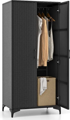 COSTWAY Korbschrank mit 2 Türen, 157 cm hoher Kleiderschrank aus PE-Rattan mit Kleiderstange und 4 Fächern Schwarz