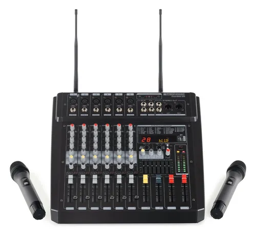 Pronomic Mischpult 6-Kanal-Powermischer - Mischpult mit 760 Watt RMS-Leistung, inkl. 2 Funkmikrofone und Bluetooth®/USB-Player für vielseitige Anwendungen und professionelle Klanggestaltung.