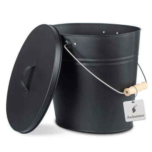 KaminoFlam Ascheeimer 15 Liter - oval & schwarz - Aschesauger: Ovaler Ascheeimer mit 15 Litern aus verzinktem Metall, ausgestattet mit Deckel und Holzgriff für sichere und saubere Ascheentsorgung.