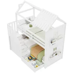Stilvora Etagenbett, Weiß, 90x200 cm, mit Stauraum für Kinderzimmer - Das Stilvora Etagenbett bietet zwei Schlafplätze auf kleiner Fläche und integriert praktische Stauraumlösungen. Ideal für Kinderzimmer, fördert es Ordnung und effiziente Raumnutzung.