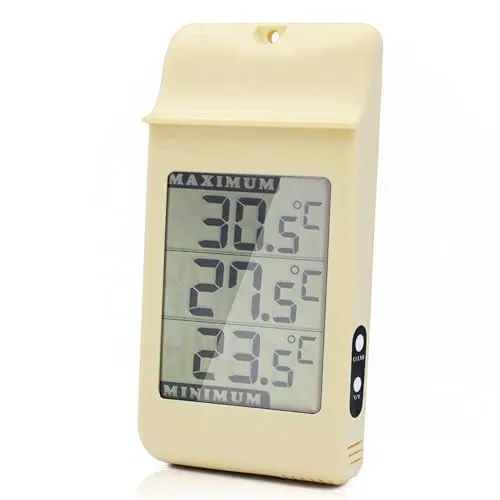 FISHTEC Thermometer mit gut lesbarer Digitalanzeige - Dichtigkeit IPX4 - Für drinnen und draußen Garten mit Wandbefestigung - Aufzeichnung Minimal- und Maximaltemperatur - 16 x 8 CM - Beige