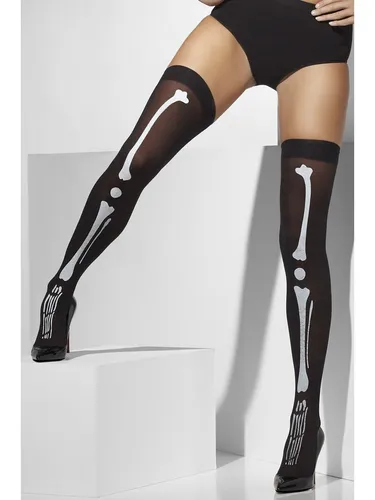 Smiffys Blickdichte halterlose Strümpfe - Schwarz mit Skelett Aufdruck, ideal für Karneval und Halloween, witziges Accessoire für jede Party
