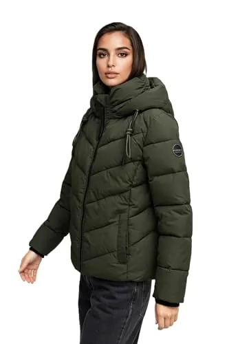 MARIKOO Damen Winterjacke N091 - Steppjacke mit abnehmbarer Kapuze - Wärmende Damenjacke aus 100 % Polyester, ideal gegen Kälte und Wind. Praktische 6 Taschen bieten viel Stauraum. Modernes Design mit schräger Steppung und Logo-Details. Erhältlich in XS bis XXL.