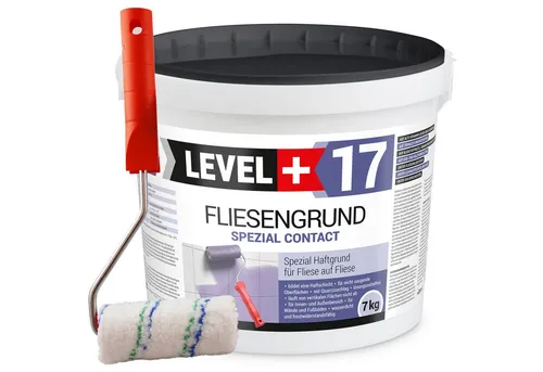 Level+ Haftgrund Quarzgrund 7KG mit Farbroller - Spezial Haftgrund für Fliese auf Fliese, ideal für nicht saugende Oberflächen. Wasser- und frostbeständig, sorgt für optimale Haftung auf alten Fliesen und Naturstein.