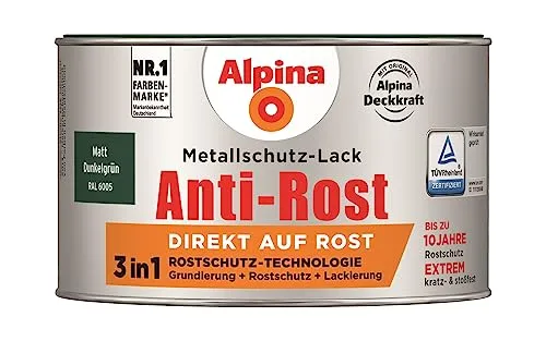 Alpina Metallschutzlack matt – Dunkelgrün – Anti-Rost-Lack für einen Langzeit-Korrosionsschutz – Witterungs- und UV-beständig – 300ml
