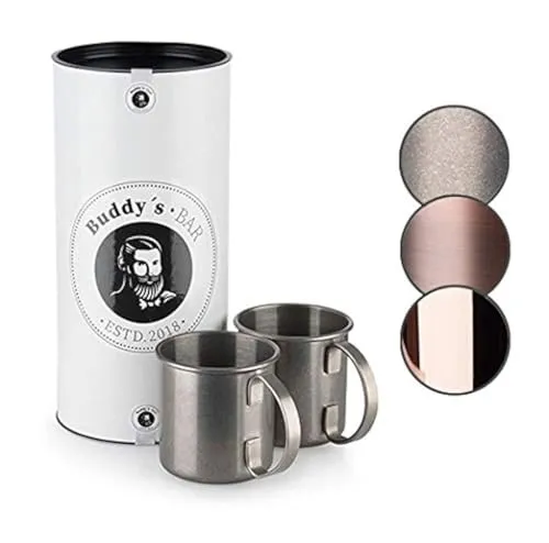 Buddy´s Bar - Moscow Mule Becher, 450 ml, hochwertiger Edelstahl-Becher, lebensmittelecht, Cocktail-Tasse inklusive Geschenkbox, Edelstahl Antik, 2er Set