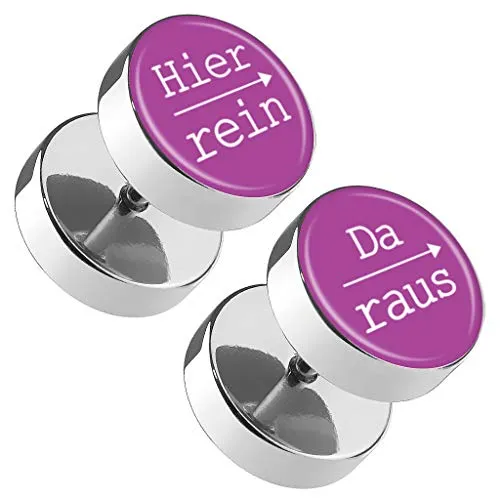Piercingfaktor Runde Ohrringe Ohrstecker Fake Piercing Ohr Plug Flesh Tunnel Edelstahl Platte Stecker Spruch Hier rein, Da raus 10mm Lila
