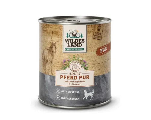 Wildes Land Pferd Pur mit Distelöl - getreidefreies Nassfutter für Hunde - Hochwertiges Nassfutter mit über 70 % Fleischanteil aus Pferd und Innereien. Ideal für ernährungssensible Hunde, enthält wertvolles Distelöl für eine ausgewogene Ernährung ohne Getreide und künstliche Zusatzstoffe.