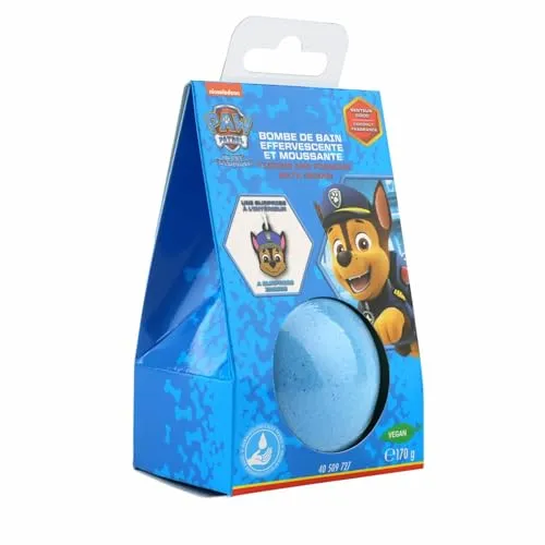 Home-Flair Paw Patrol Badebombe - große Badekugel Chase - Blau Skye -Rosa 170g Schaum-Effekt - VEGAN - mit Überraschungsanhänger (Chase, 1 Kugel)