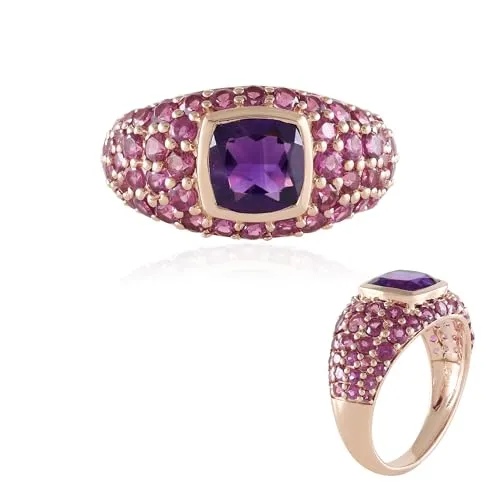 Cavill Amethyst Ring Silber mit antikem Kissenschliff 1,485 Karat und Rhodolithen in Rundschliff Rosévergoldetes 925 Sterling Silber Brasilianischer Amethyst Statement Ring
