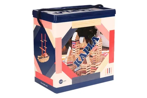 KAPLA Holzplättchen 120er Box - Natur, Rot, Rosa, Dunkelblau - Bauklötze aus hochwertigem Pinienholz, ideal für kreative Bauprojekte und die Förderung der Feinmotorik bei Kindern.